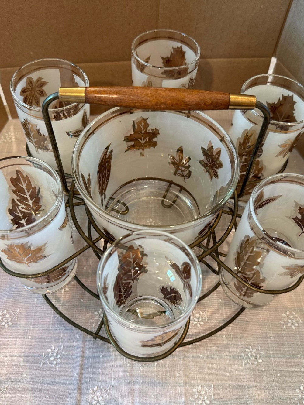 Vintage Libbey Midcentury Cocktail Caddy with Ice Bucket and Wooden Handle.